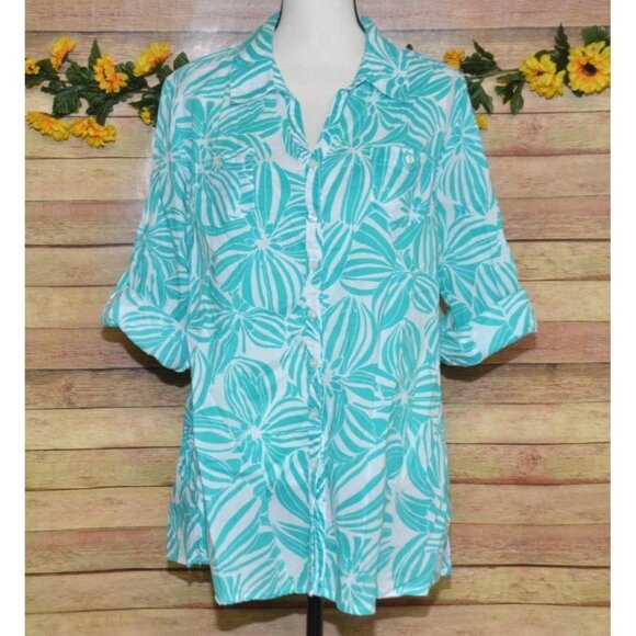 Sag Harbor Tropical Button Up Shirt Top Tunic Size XL 3/4 Roll Tab Beach Coastal - Picture 1 of 14